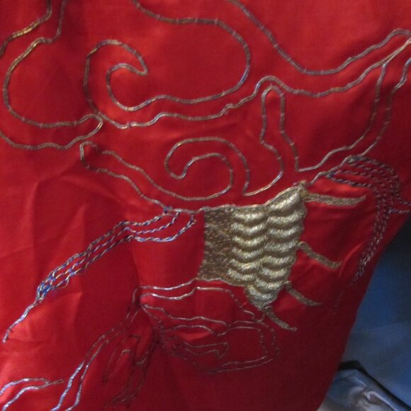 Exotic Kimono Style Robe Cherry Red Gold Blue Metallic Accents - Picture 15 of 16